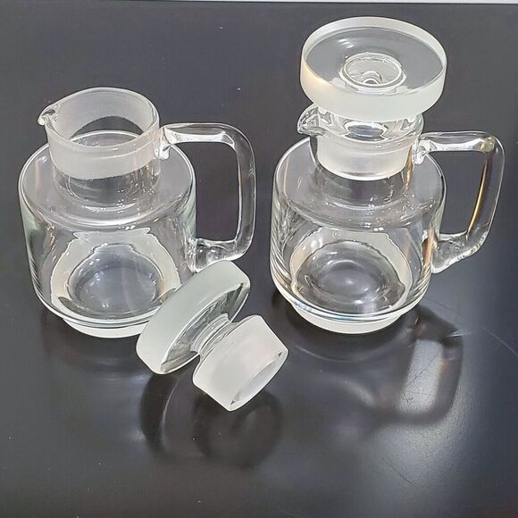 MCM Clear Glass Oil & Vinegar Cruet Pair Weighted Etched Stoppers Modern Lines - Picture 1 of 12